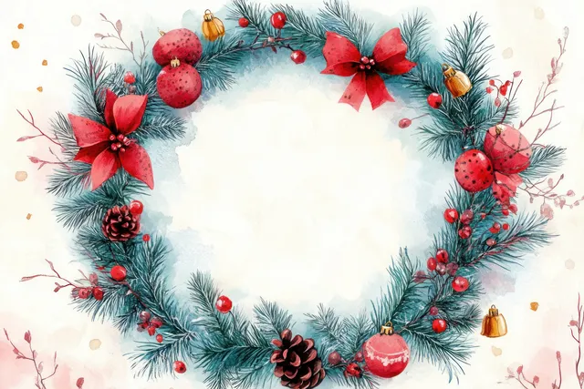 Watercolor Christmas wreath on cream background with pine branches, berries, and ribbon accents