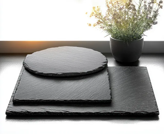 Slate plates still life with soft natural light and crisp shadow details on tabletop