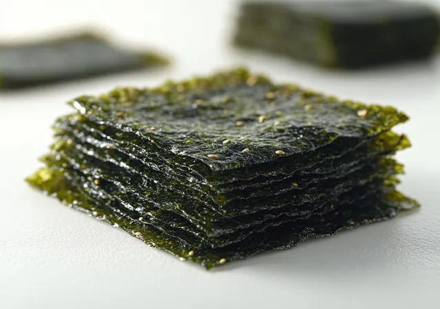 Stack of roasted seaweed sheets with sesame sprinkles on a white surface