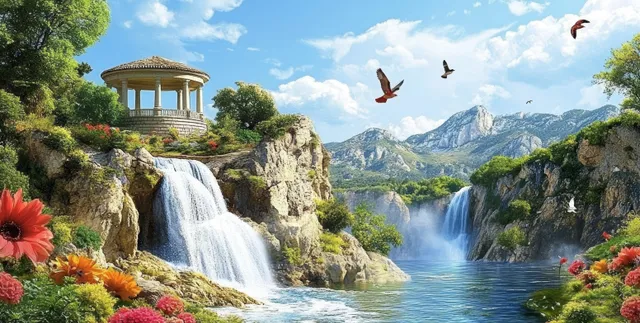Gazebo on a cliff beside a cascading waterfall, with flowers, river, mountains, and flying seagulls in the sky.