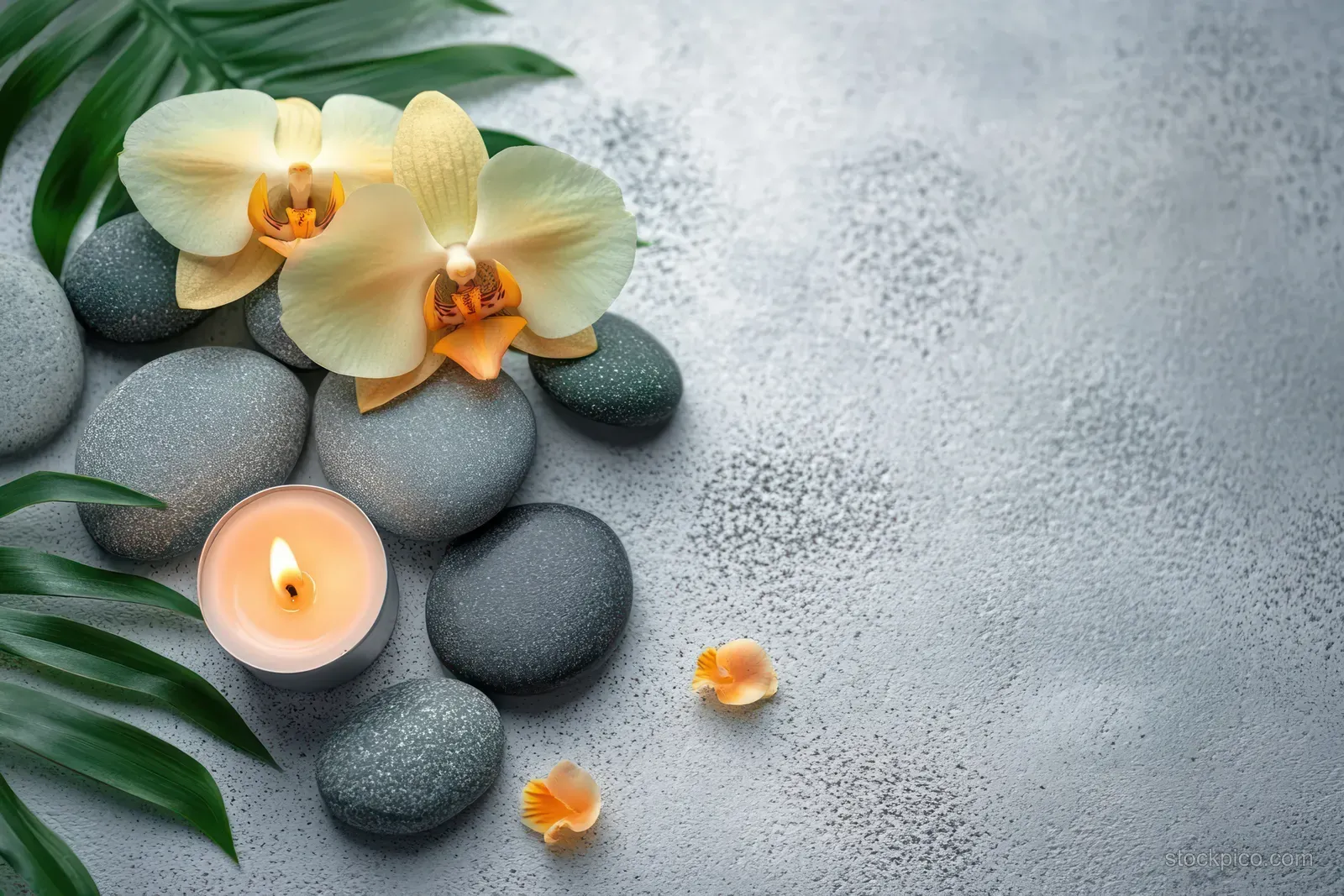 Lit candle beside gray stones with orchid flowers and green leaves on a soft gray stone-textured background.