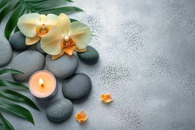 Zen spa still life with gray stones candle orchid petals and soft gray backdrop