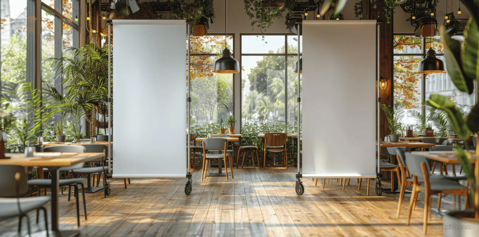 Two blank white roll-up banners stand in a bright restaurant interior with wooden floors, dining tables, plants, and large windows.