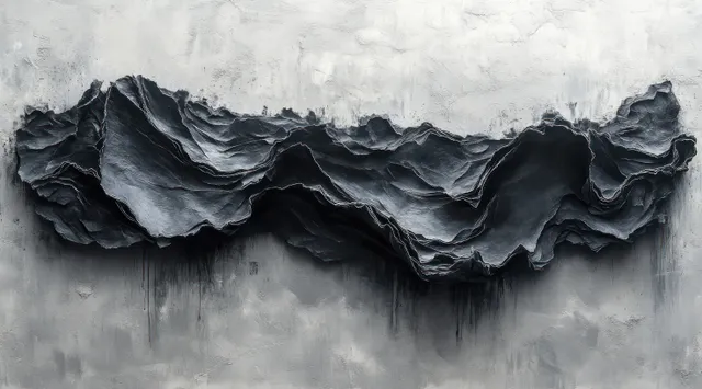 Crumpled black paper strip against light gray wall texture with soft shadow