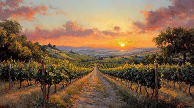 Sunset illuminates a Tokaj vineyard path between rolling hills and grapevine rows under a warm sky.