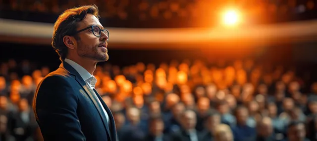 A businessman speaks to an audience in a conference auditorium under a warm spotlight with bokeh lights.