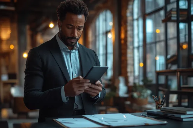 Young Asian businessman in dark suit using smartphone at office desk with laptop and notepad