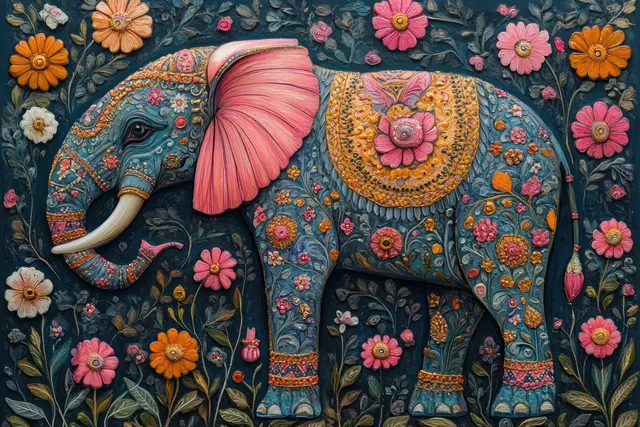 A decorative Madhubani elephant surrounded by a dense floral arch and ornate patterned details.
