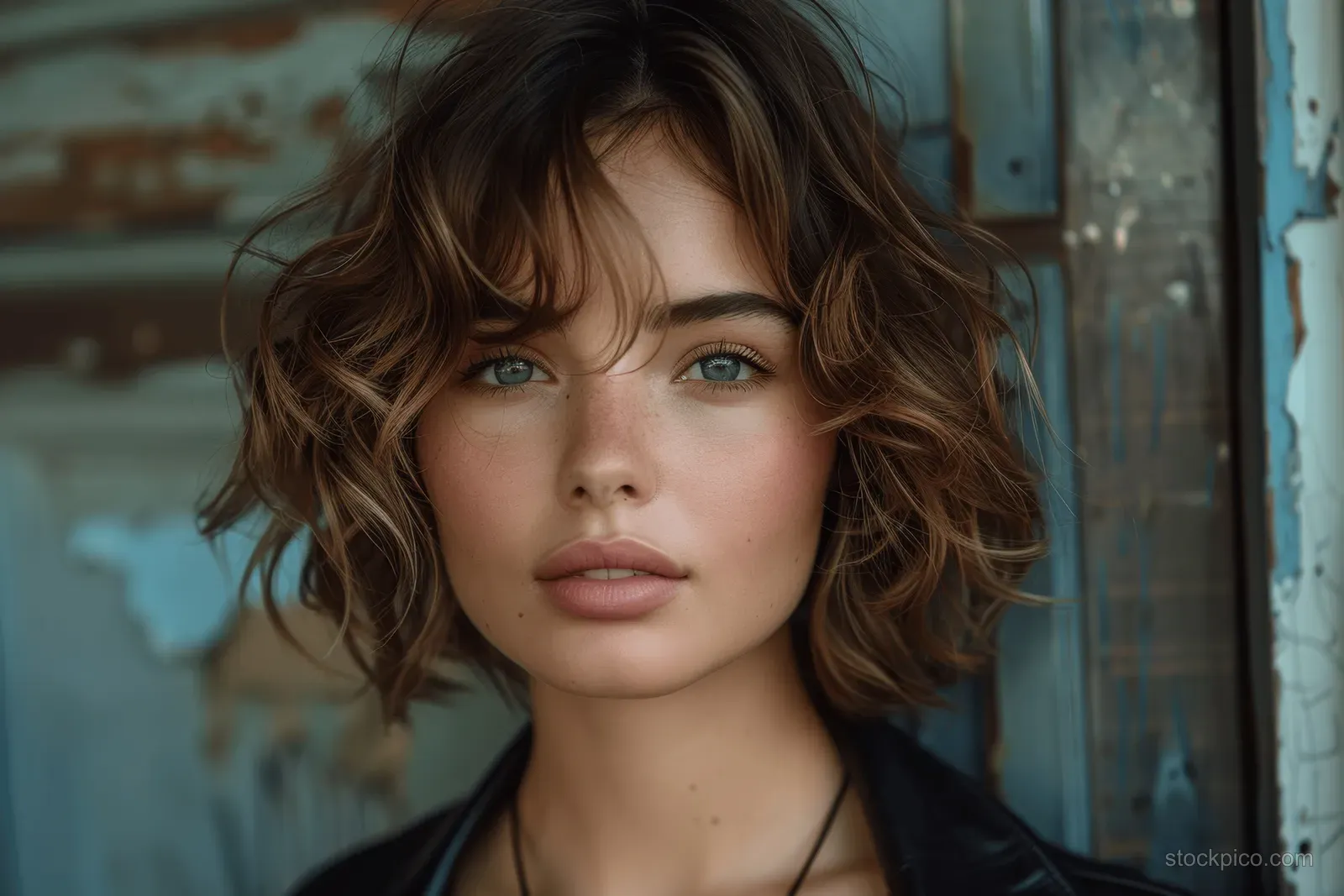 Curly-haired woman in a black leather jacket posing on a city street with soft daylight and visible hair volume.