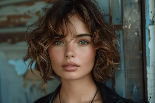 Curly-haired woman in a black leather jacket posing on a city street with soft daylight and visible hair volume.