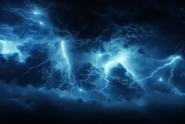 Lightning bolts illuminating dark storm clouds over a night sky with electric blue glow