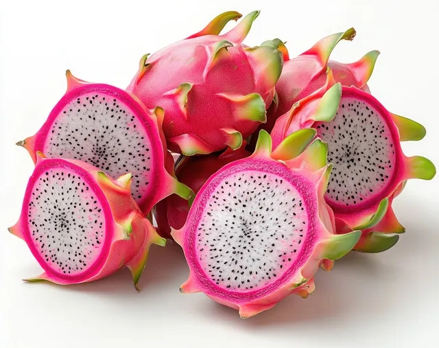 Whole and sliced pink dragon fruit isolated on a white background, showing white flesh and black seeds.