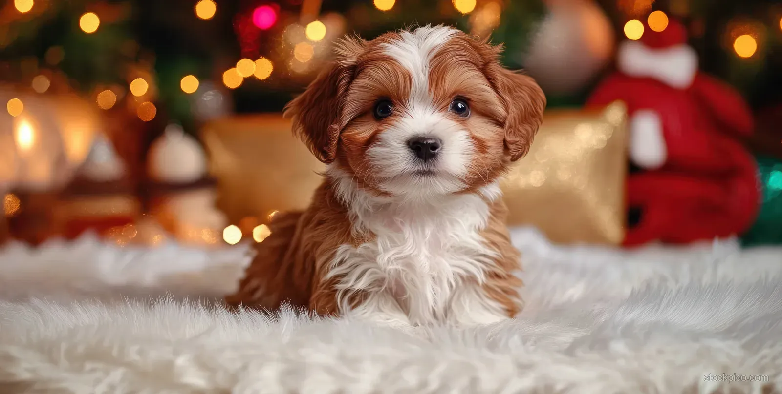 A small brown and white puppy sits on a soft surface, surrounded by warm Christmas lights and festive decorations.