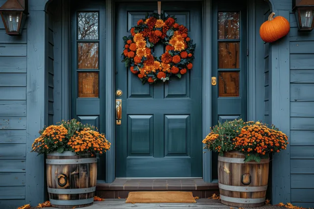 Dark green front door with a pumpkin wreath and orange chrysanthemum pots flanking the entrance steps.