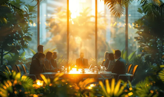 Business team meets at a glass-walled conference table with warm sunrise light and green plants framing the scene.