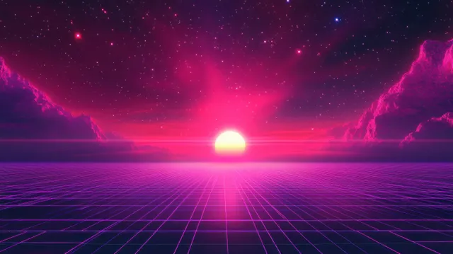 Neon synthwave horizon glows over purple grid lines beneath a starry pink and purple night sky.