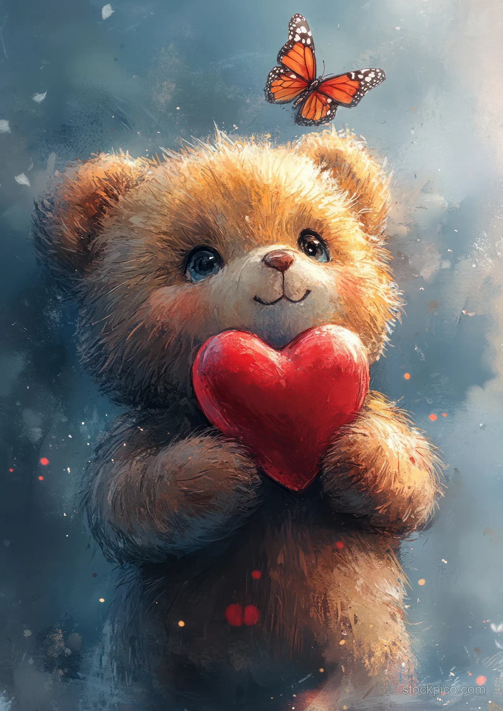 A watercolor teddy bear holds a red heart with a butterfly floating above it in a dreamy blue background.