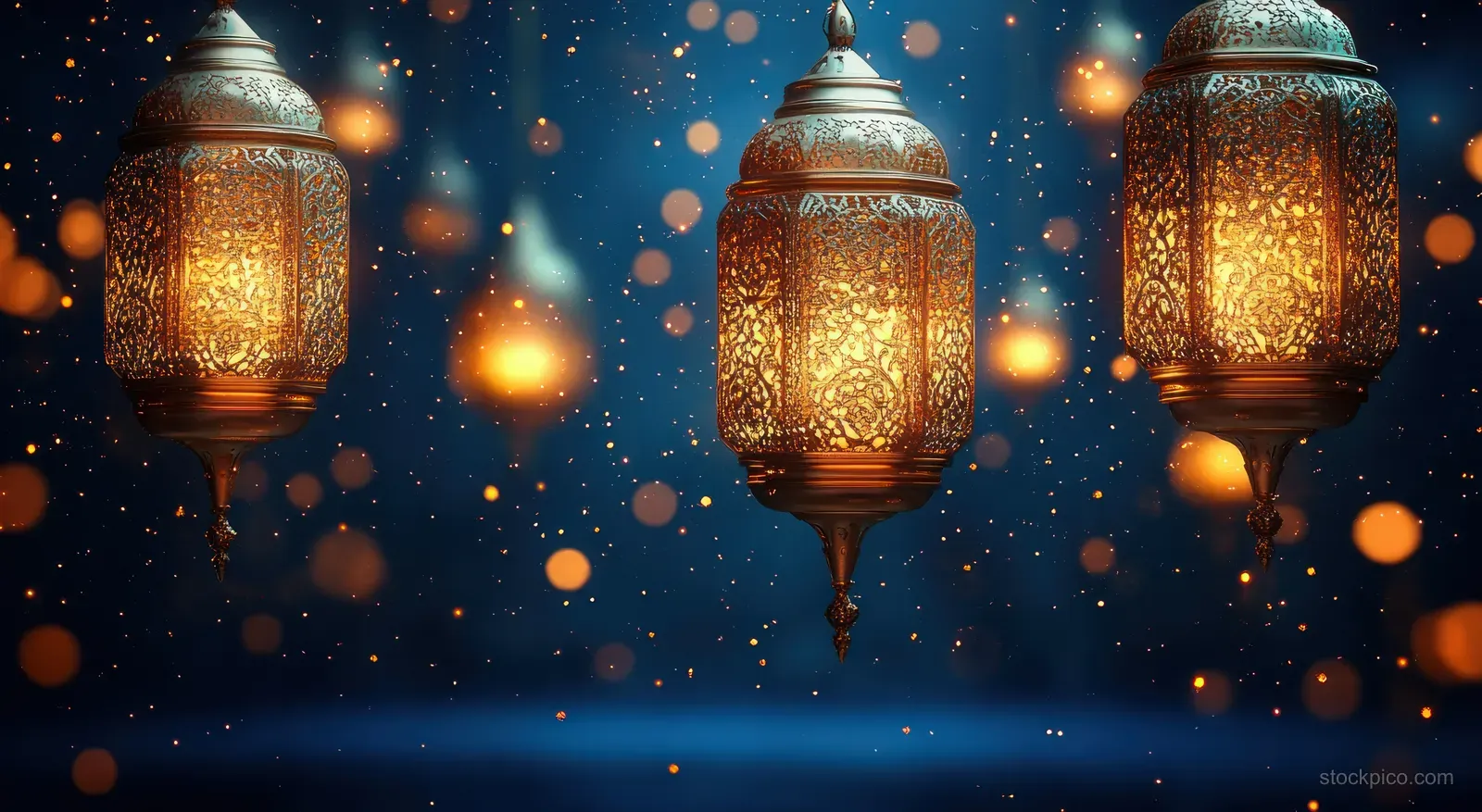 Three ornate glowing lanterns hang in a deep blue night sky while golden light particles float around them.