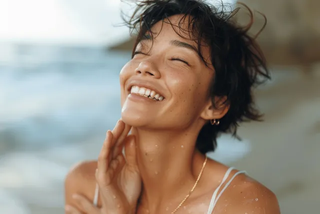 Joyful woman in a white top holds a gold necklace on a seaside beach, laughing and looking upward.