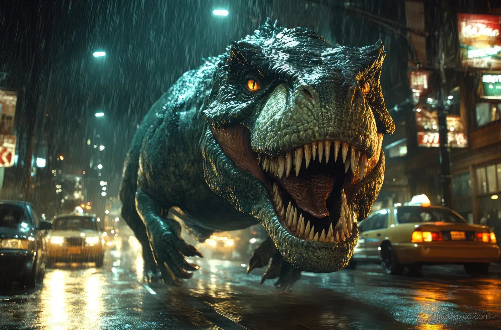 Roaring T-Rex stomps through a rainy night city street with cars, neon lights, and misty reflections.