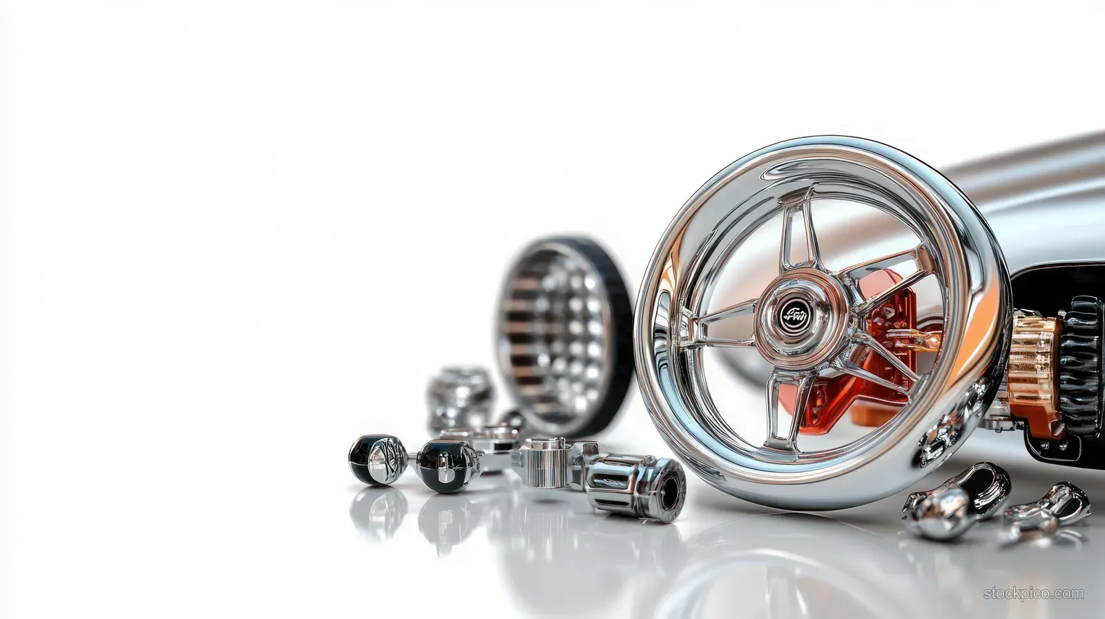 Chrome machine parts and small bolts arranged on a reflective white surface in a close-up view.