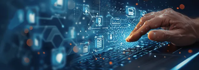 A hand reaches toward glowing network icons across a blue digital interface filled with connection nodes.