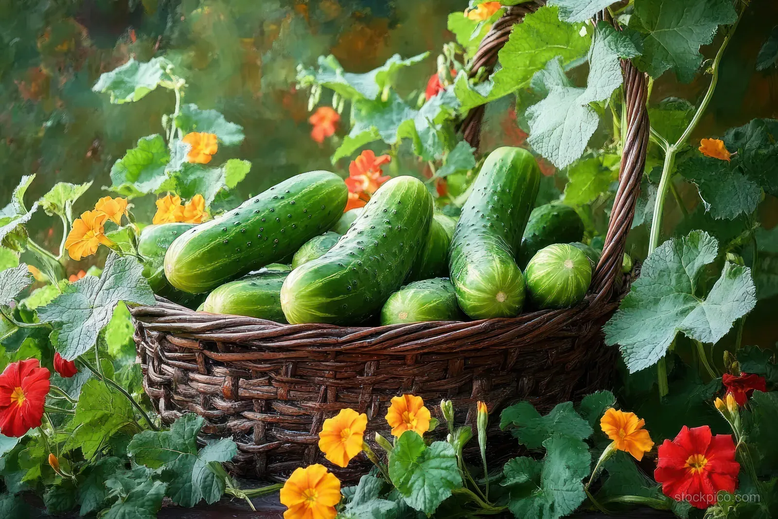 A woven basket of cucumbers sits among marigolds and leafy garden plants.