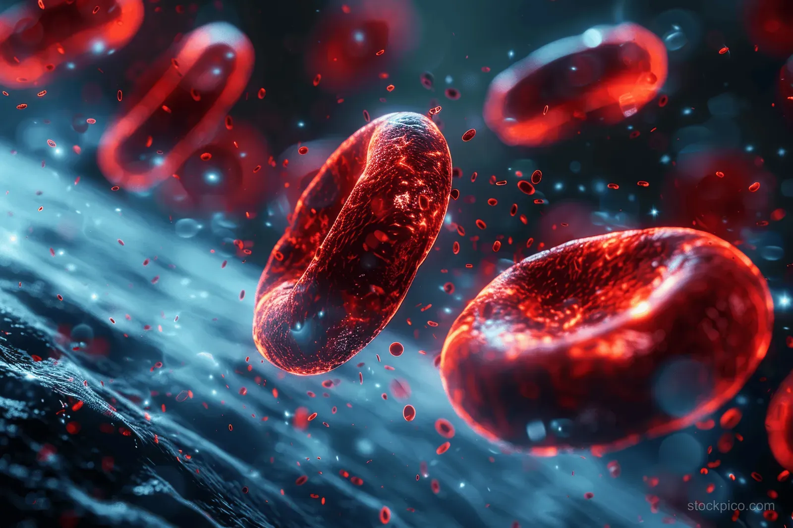 Red blood cells flow through a vein-like scene under a microscope with glowing plasma particles.
