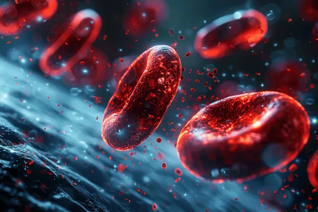 Red blood cells drifting through veins under a microscope, glowing plasma currents and bubbles