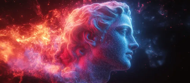 A neon-lit Apollo bust portrait shows glitch distortion with split red and blue glowing fragments on a dark background.