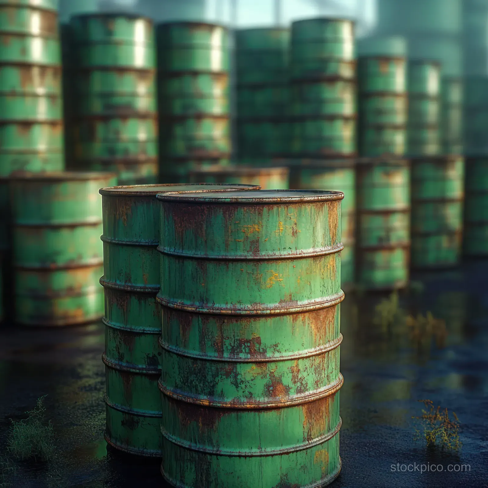 Green rusty metal barrels stacked outdoors on wet ground with blurred barrel rows in the background.