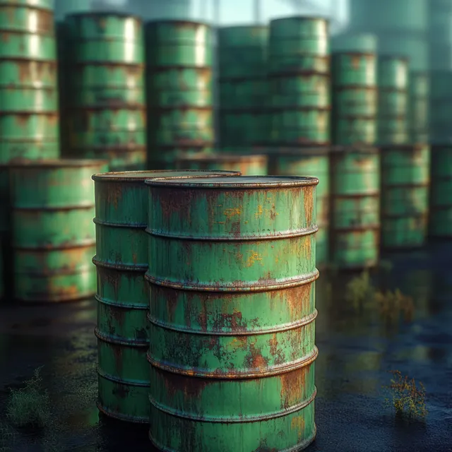 Green rusty metal barrels stacked outdoors on wet ground, with blurred barrel rows behind