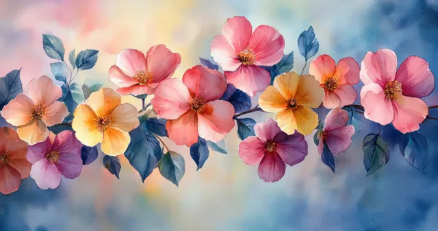 Watercolor garland of pink yellow and blue flowers with green leaves floating on a soft blue background wash.