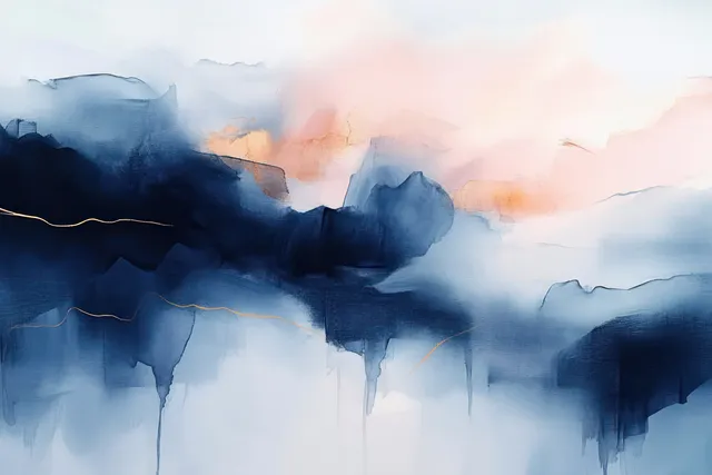 Abstract landscape with flowing dark blue and peach brushstrokes fading into misty horizon layers