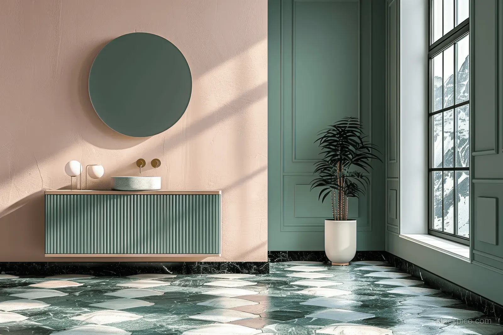 A minimalist bathroom interior shows a round mirror above a green ribbed vanity with a large window and snowy landscape view.