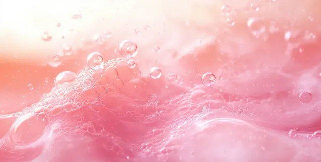 Translucent pink bubbles float over a smooth pastel surface with soft light.