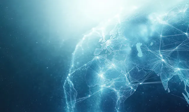 Glowing digital world map showing network connections across continents in blue cyberspace