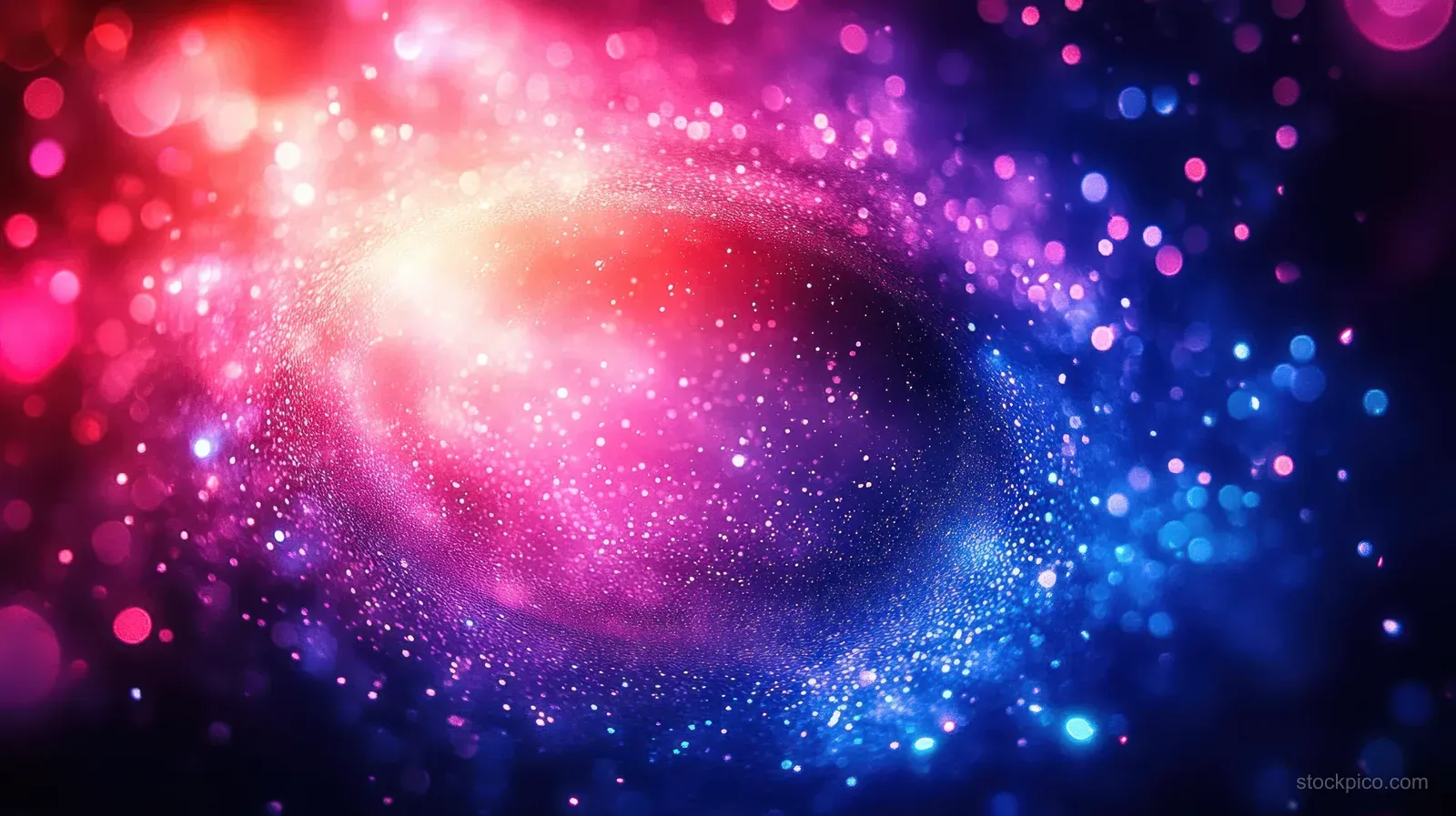 A swirling galaxy of sparkling stars and glowing nebula clouds in purple, pink, and blue fills the frame.