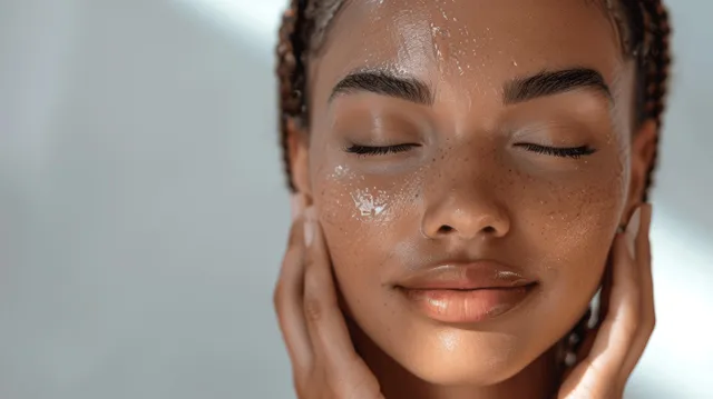 Black woman with braided hair gently touching face, closed eyes, skincare glow studio lighting