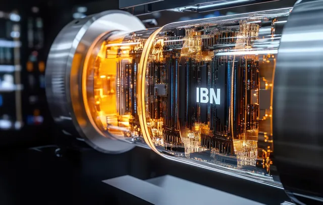 Transparent cylindrical futuristic device close-up with glowing orange circuitry and metallic end caps