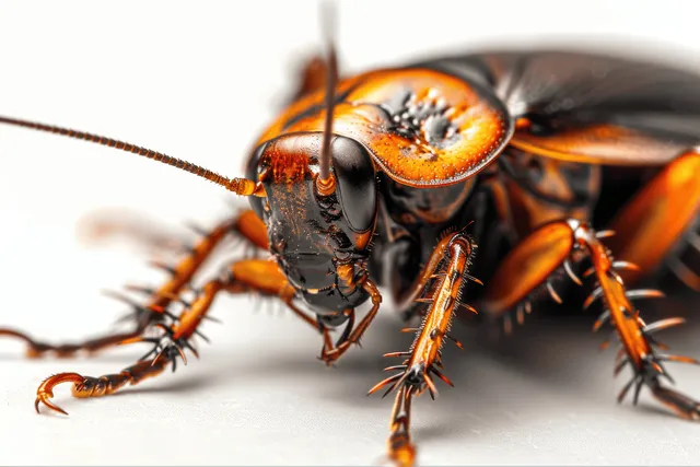 A close-up cockroach isolated on a white background with sharp focused orange highlights on its head and wings.