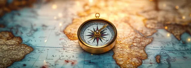 Antique compass on vintage world map with gilded needle pointing north in warm light