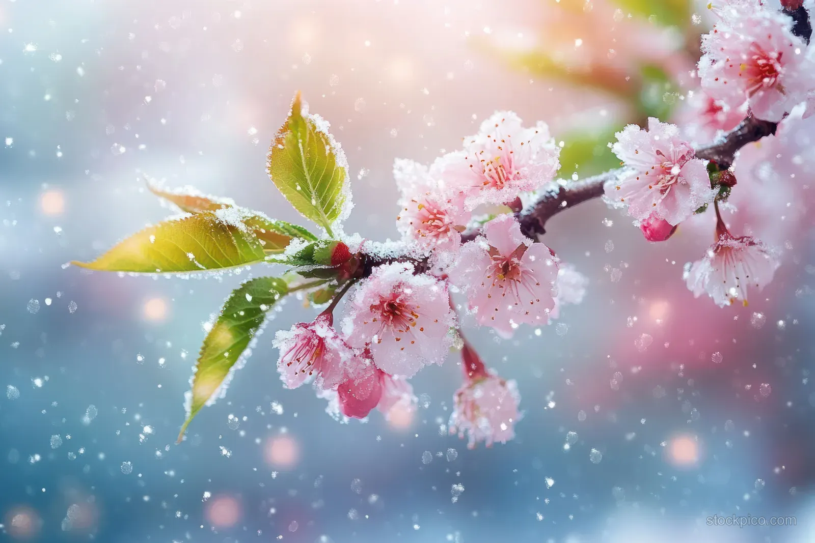 Pink cherry blossoms on a branch are dusted with snow as soft snowflakes drift past.