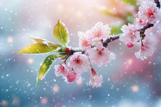 Pink cherry blossoms on a branch are dusted with snow as soft snowflakes drift past.