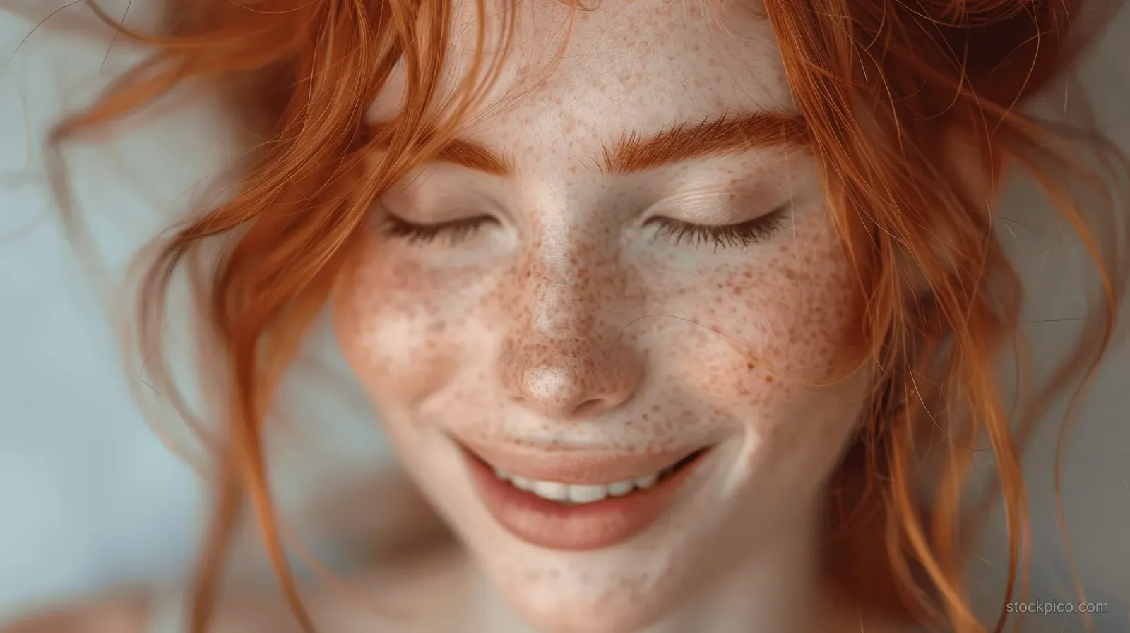 Red-haired girl laughing with eyes closed and freckles visible in a close-up portrait against a white background.