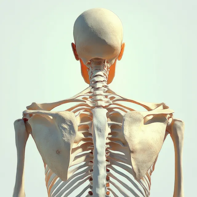 Rear view anatomical human skeleton showing spine and shoulder blades under soft studio light.