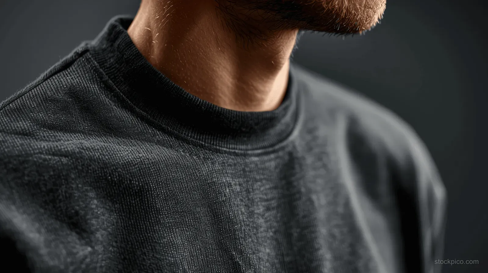 Close-up of a black oversized t-shirt on a gray background with visible cotton fabric texture and soft shadow.