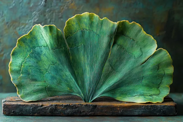 Ginkgo Leaf Displayed on Weathered Wood with Soft Sunlit Texture