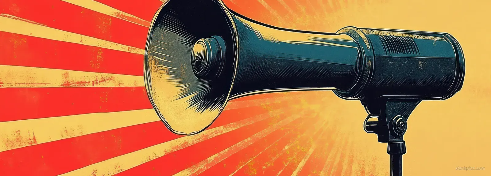A vintage megaphone projects bold radial sound rays on a red and yellow sunburst background.