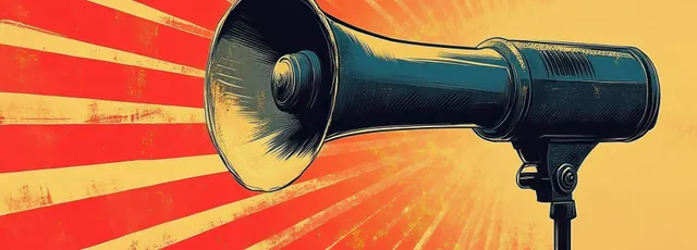 一只复古扩音器在红黄日芒背景上投射出醒目的放射状声波。